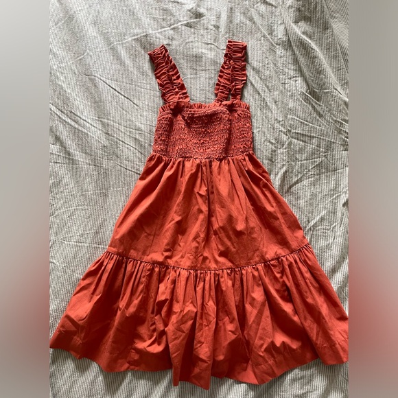 Abercrombie and Fitch Smocked Shirred Ruffle Tiered Mini Dress XS Rust Orange - Picture 3 of 9
